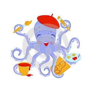 Joyful octopus artist with pink cheeks in red beret. Funny sea animal holding drawing tools in tentacles. Flat vector