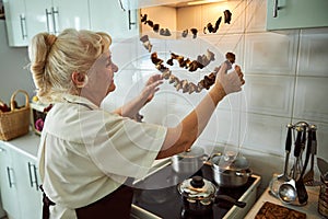 Nice senior woman checking dried mushrooms in kitchen