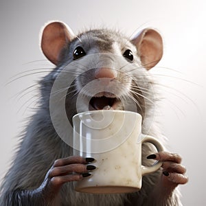 Joyful And Optimistic Rat Holding A Coffee Mug In Ray Tracing Style