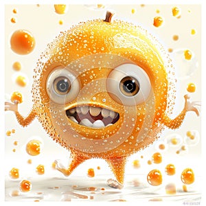 Joyful orange fruit character with big eyes and a cute smile in a bubbly environment