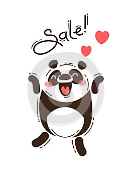 A joyful panda reports a sale. Vector illustration in cartoon style