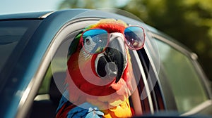Joyful parrot enjoys car ride, head out window with glasses, Ai Generated