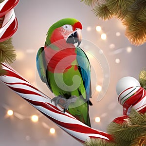 A joyful parrot perched on a candy cane wearing a tiny Santa suit2