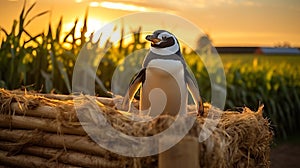 Joyful Penguin In A Rural Sunset Scene