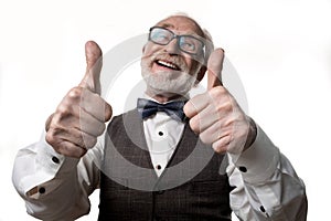 Joyful pensioner showing his admiration