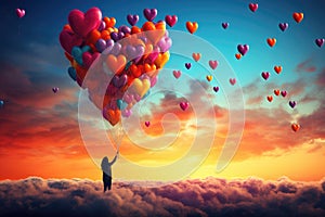 A joyful person holds a bunch of colorful balloons high up in the clear blue sky., People reach their hand to colorful hearts in