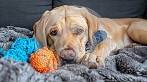 Joyful pet dog having fun with various toys in a comfortable living room setting