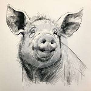 Joyful Pig Portrait: Detailed Pencil Drawing In Fujifilm Pro 400h Style