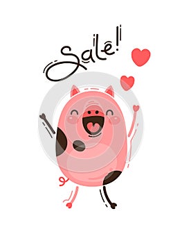 A joyful pig reports a sale. Happy Pink Piglet. Vector illustration in cartoon style
