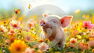 Joyful Piglet in a Blossoming Meadow. Greeting card for celebrating National pig day