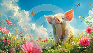 Joyful Piglet in a Blossoming Meadow. Greeting card for celebrating National pig day