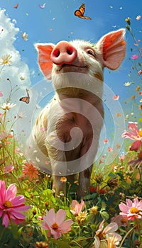 Joyful Piglet in a Blossoming Meadow. Greeting card for celebrating National pig day photo