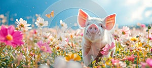 Joyful Piglet in a Blossoming Meadow. Greeting card for celebrating National pig day