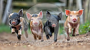 Joyful piglets gleefully frolicking in a muddy puddle, displaying playful and energetic behavior photo