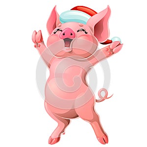 Joyful pink pig in cap on white