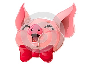 Joyful pink pig head and red bow on white