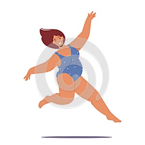 Joyful Plump Woman In A Swimsuit Defies Societal Expectations By Jumping. Energetic, Confident Fat Female Character