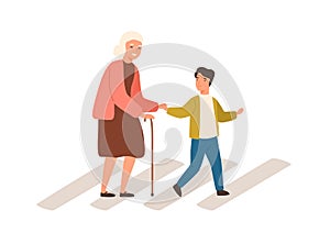 Joyful polite boy help grandmother cross street vector flat illustration. Smiling well mannered child assistance to aged