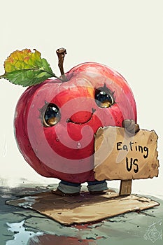 Joyful produce: cartoon characters, happy cute vegetables, and fruits holding a sign 'Eating Us.' A whimsical