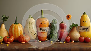 Joyful produce: cartoon characters, happy cute vegetables, and fruits holding a sign 'Eating Us.' A whimsical