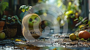 Joyful produce: cartoon characters, happy cute vegetables, and fruits holding a sign 'Eating Us.' A whimsical