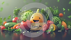 Joyful produce: cartoon characters, happy cute vegetables, and fruits holding a sign 'Eating Us.' A whimsical