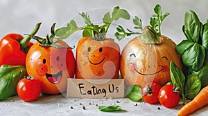 Joyful produce: cartoon characters, happy cute vegetables, and fruits holding a sign 'Eating Us.' A whimsical