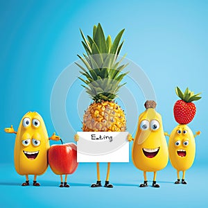 Joyful produce: cartoon characters, happy cute vegetables, and fruits holding a sign 'Eating Us.' A whimsical