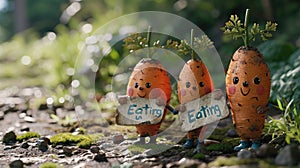 Joyful produce: cartoon characters, happy cute vegetables, and fruits holding a sign 'Eating Us.' A whimsical