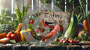 Joyful produce: cartoon characters, happy cute vegetables, and fruits holding a sign 'Eating Us.' A whimsical