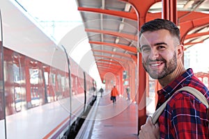 Joyful public transportation passenger with copy space