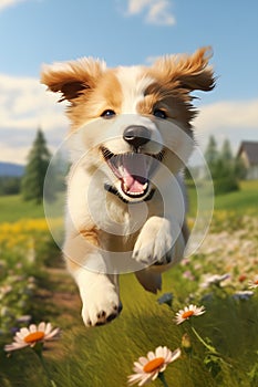 Joyful Pup: A Playful Romp Through a Field of Blooming Delights