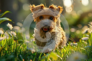 Joyful Puppy Playing in Sunlit Field with Flowers, Adorable Pet Enjoying Nature, Small Dog Frolicking in Summer Meadow, Happy