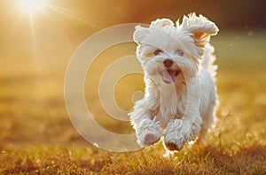 Joyful puppy running in a sunny field