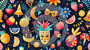 Joyful Purim pattern with cartoonish illustrations of the Megillah, masks, and festive decorations photo