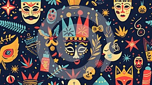 Joyful Purim pattern with cartoonish illustrations of the Megillah, masks, and festive decorations photo