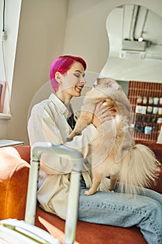 joyful purple-haired woman petting loveable photo