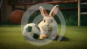 Joyful Rabbit Dribbling Soccer Ball on Vibrant Green Field - Adorable Football Fun.