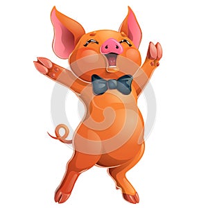 Joyful red pig with bow on white