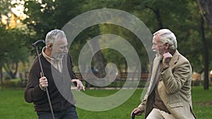 Joyful retired men dancing park with walking sticks, having fun together, humor