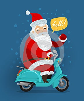 Joyful Santa Claus rides a retro scooter. Christmas or new year concept. Cartoon vector illustration