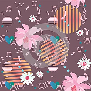 Joyful seamless pattern with cosmos and daisy flowers, musical rulers passing through the heart, music notes and signs, stars