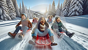 Joyful Sled Ride Children in Winter Wonderland