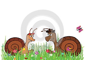 Joyful slow rendezvous of a pair of snails.