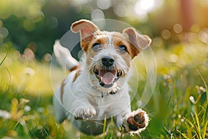 Joyful small pup brown and white dog runs happily through lush grass of meadow barking in delight