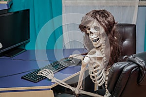 Joyful smiling skeleton in a wig sitting in chair behind the desktop computer