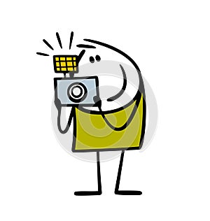 Joyful stickman takes photos of friends, a landscape or a city. Vector illustration of cartoon boy and an antique camera