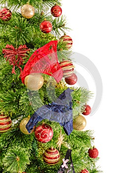 Joyful studio shot of a Christmas tree with colorful ornaments, isolated on white