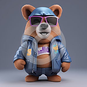 Joyful, stylish 3D bear character with full body, donning apparel and shades, against a backdrop. Generative AI