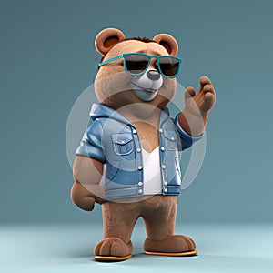 Joyful, stylish 3D bear character with full body, donning apparel and shades, against a backdrop. Generative AI